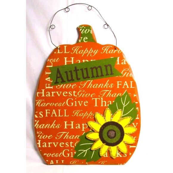 Autumn Door Plaque, Wood, Apple Shaped, Flower Applique, Wire Hanger, 8x13 Ins - Picture 1 of 2